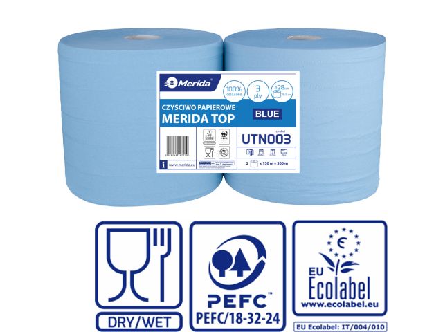 MERIDA TOP industrial towels, 150 m long, 28 cm diameter, three-ply, BLUE, 2 pcs